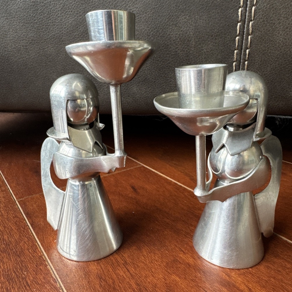 Vintage WISNA Tin Angels Christmas Silver Taper Candle Holder Set Handmade MCM